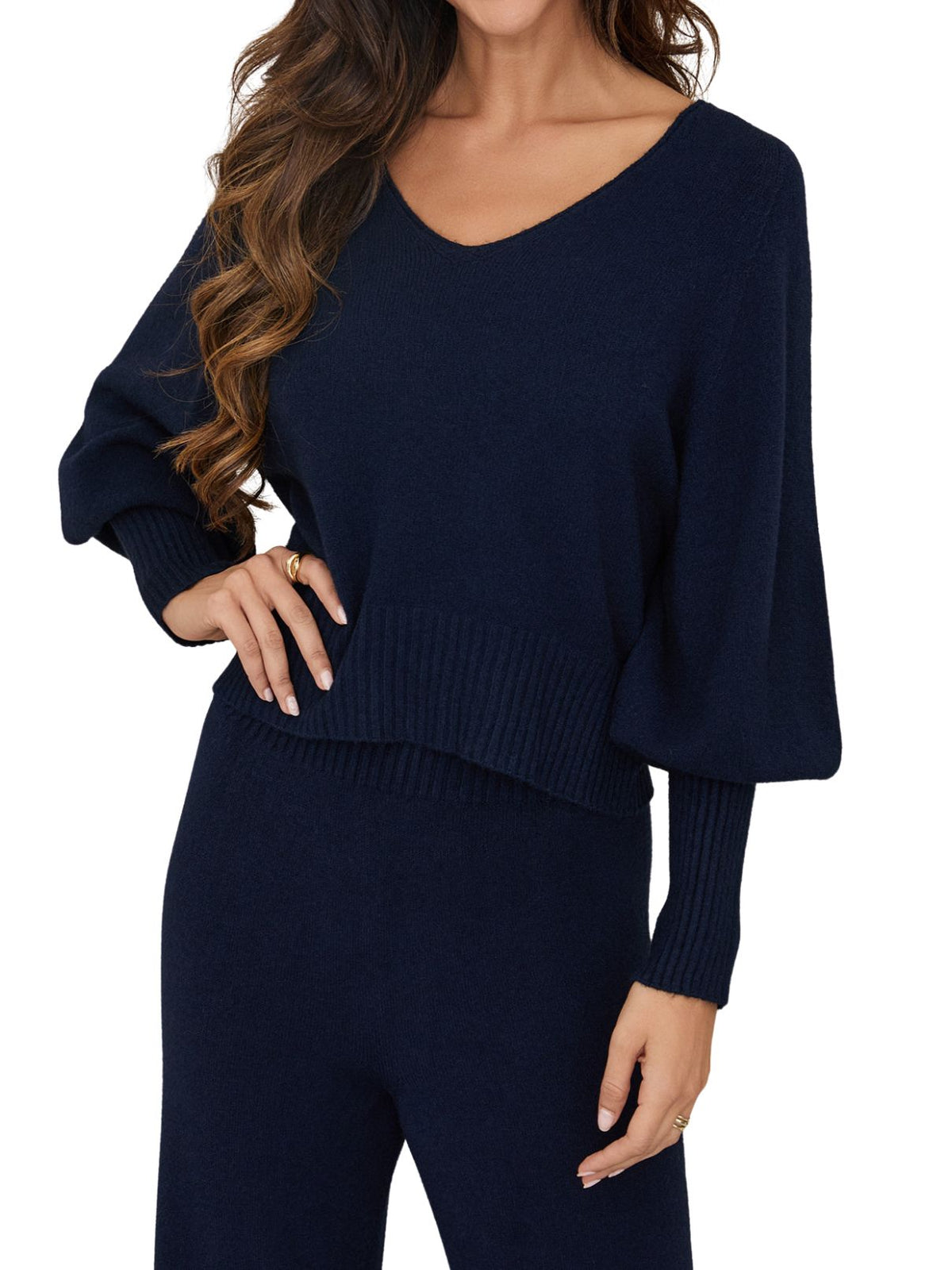 Ribbed Cuff Bubble Sleeve V-Neck Knit Sweater in Navy