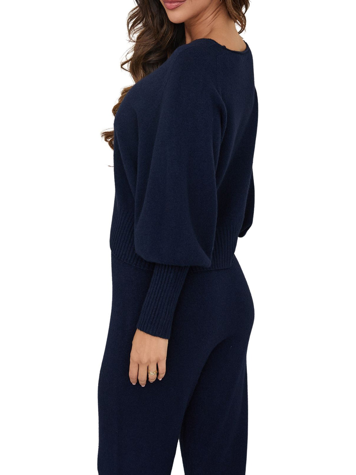 Ribbed Cuff Bubble Sleeve V-Neck Knit Sweater in Navy