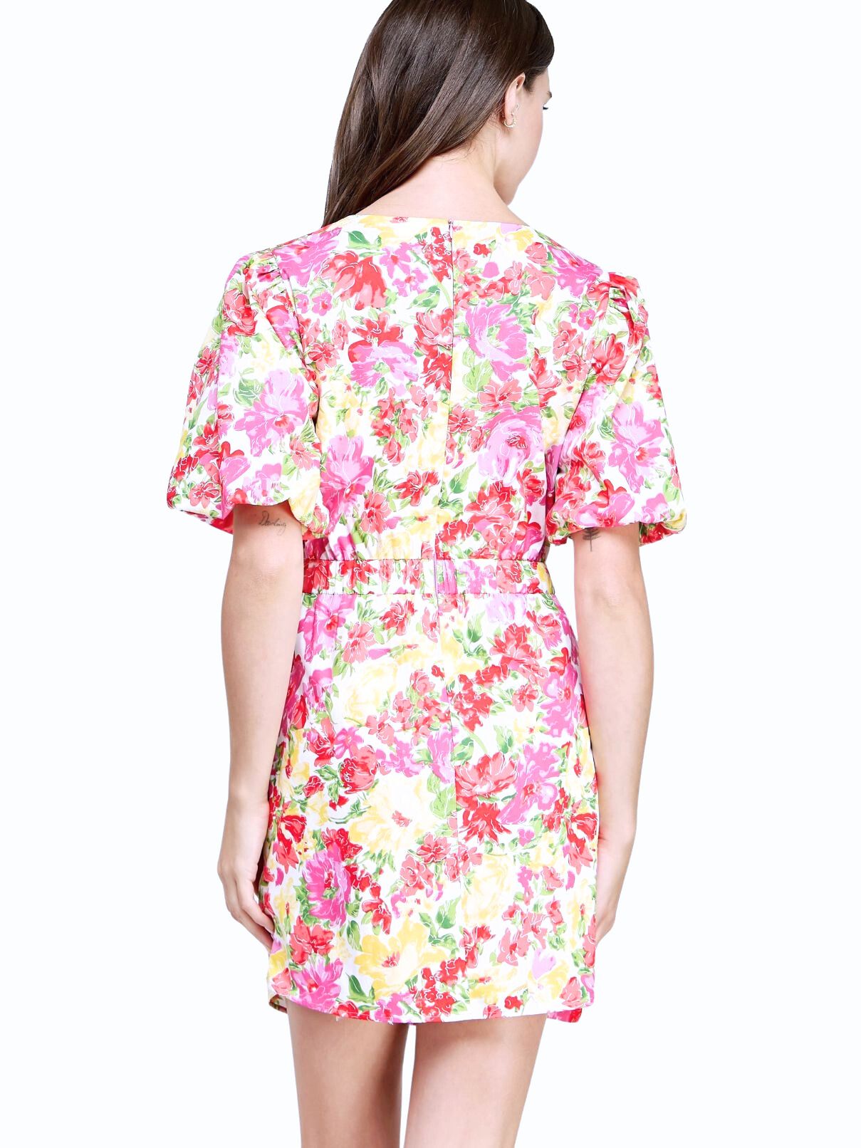 Ruched Puff Sleeve Dress in Pink Floral