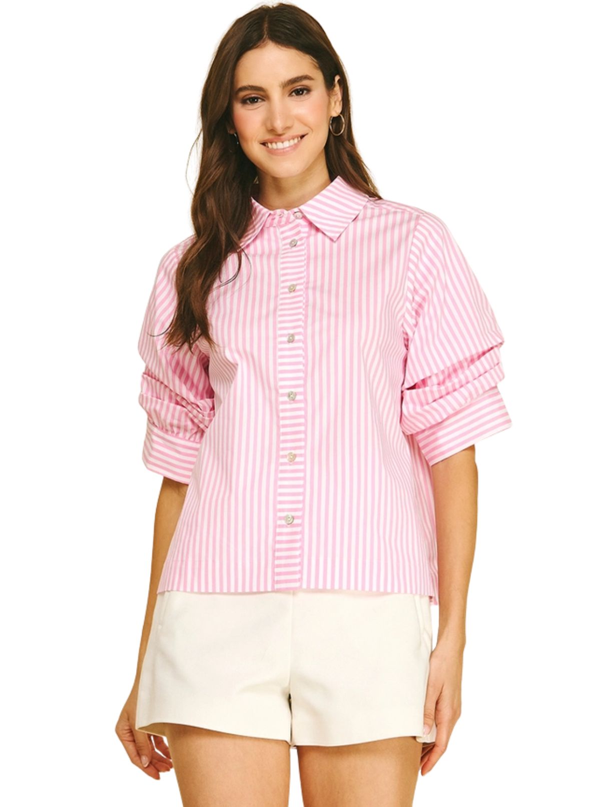 Ruched Sleeve Striped Button Down Shirt in Pink