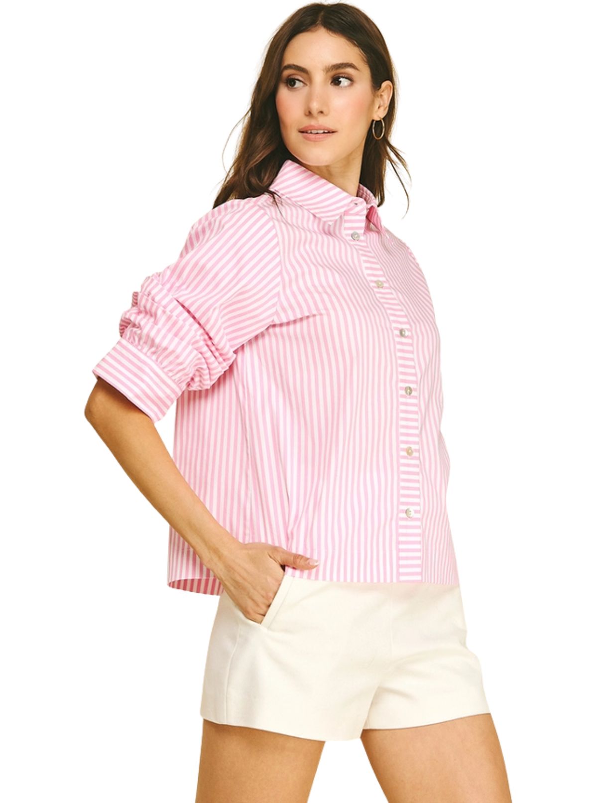 Ruched Sleeve Striped Button Down Shirt in Pink