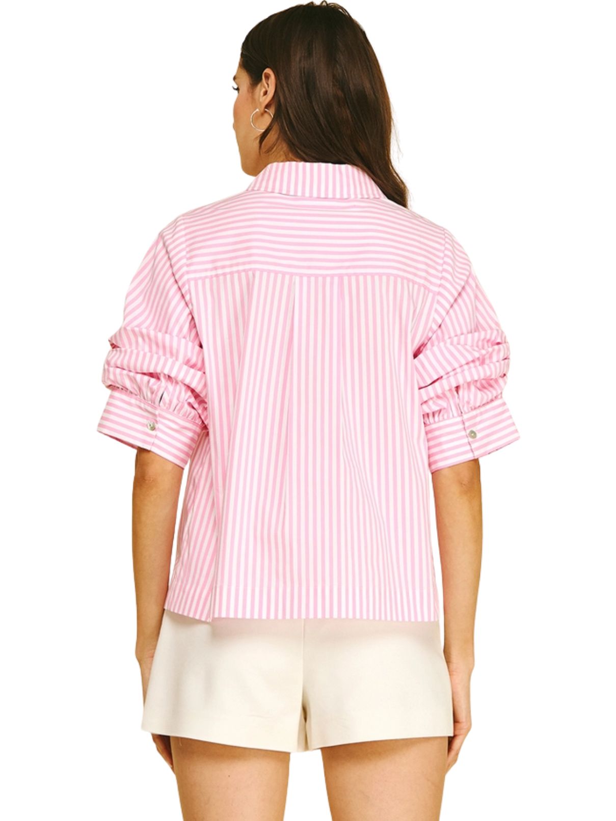 Ruched Sleeve Striped Button Down Shirt in Pink