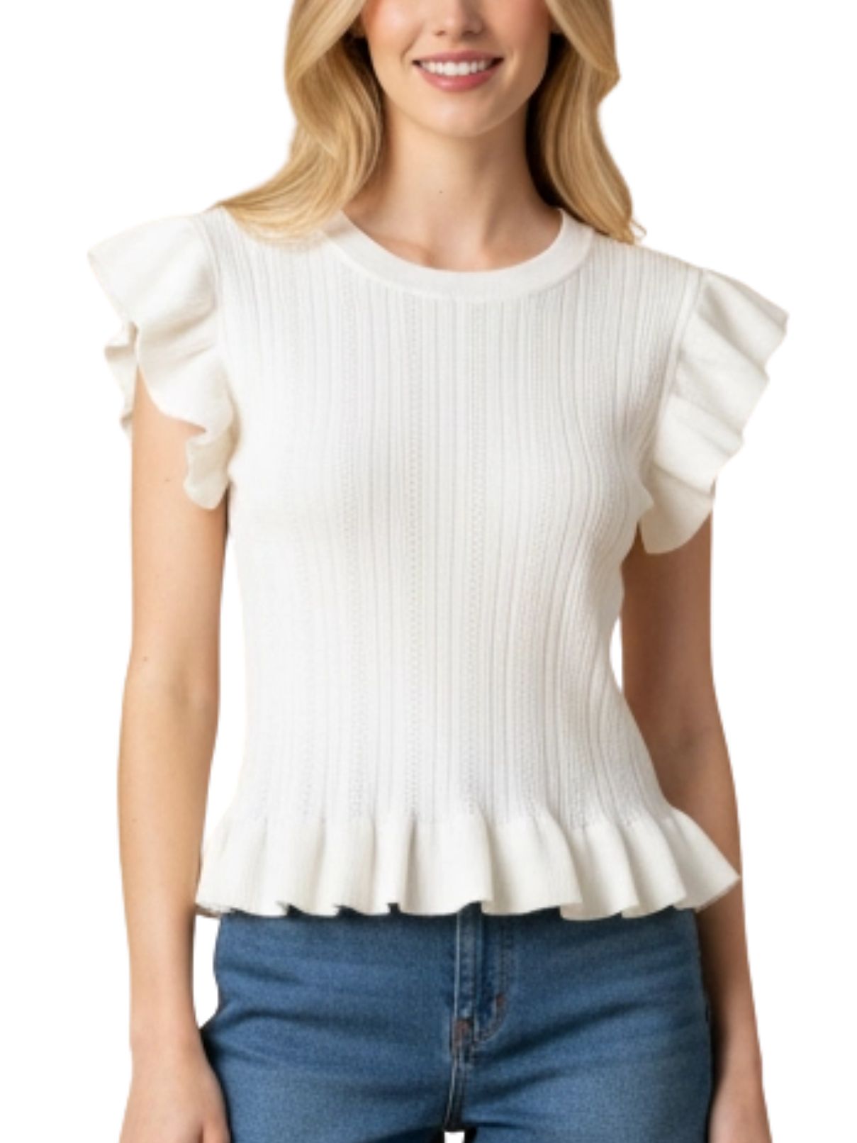 Ruffled Hem Ribbed Knit Top in Ivory