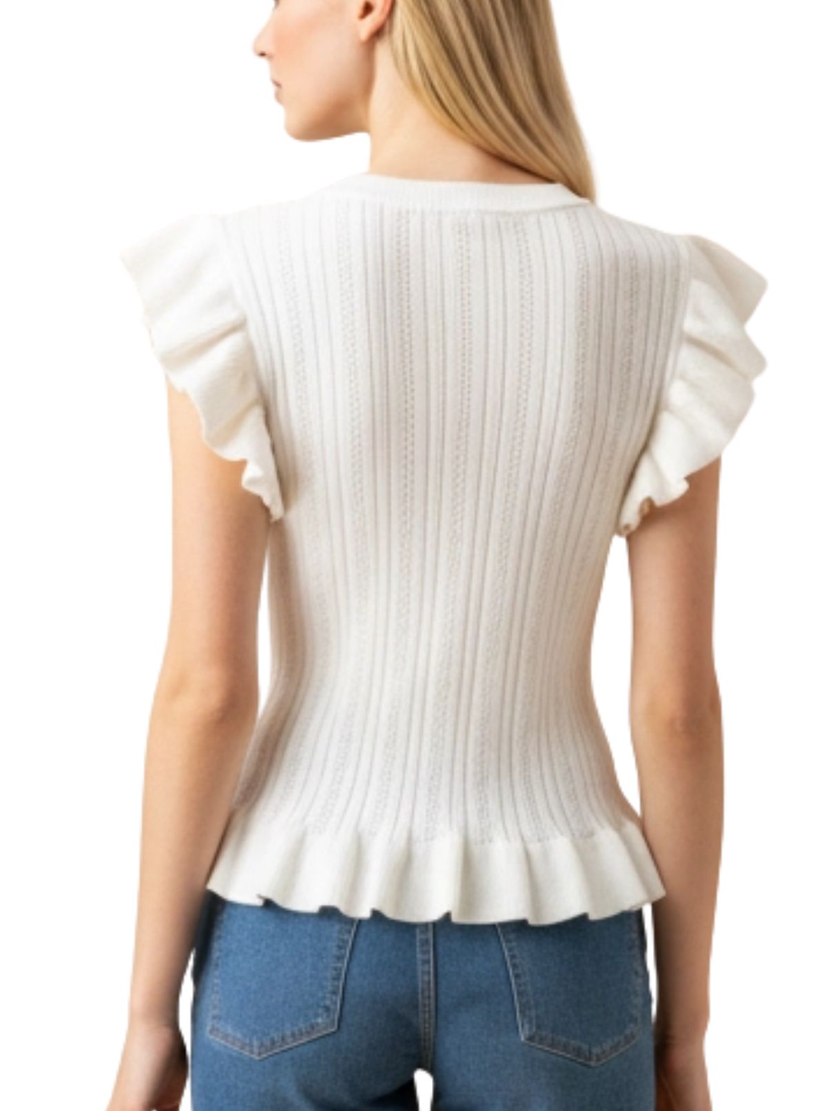 Ruffled Hem Ribbed Knit Top in Ivory