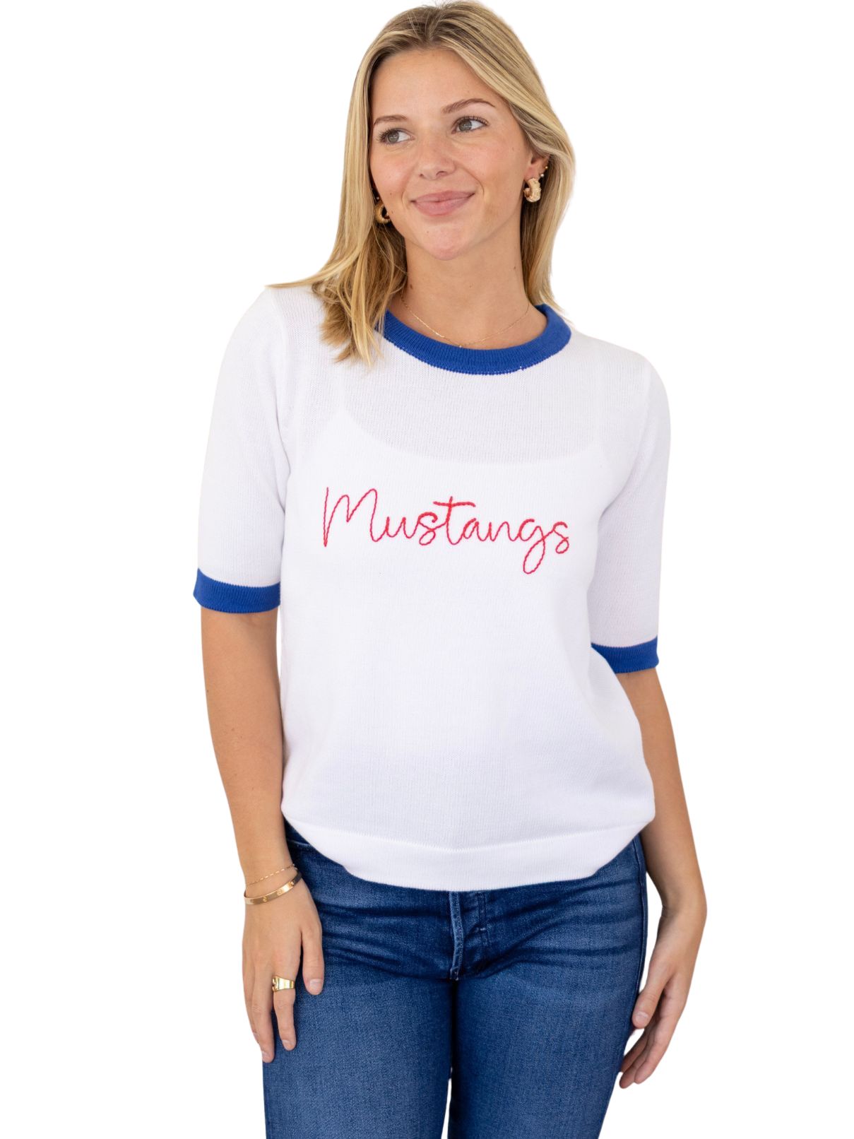 S/S Mustangs Embroidered Sweater on White