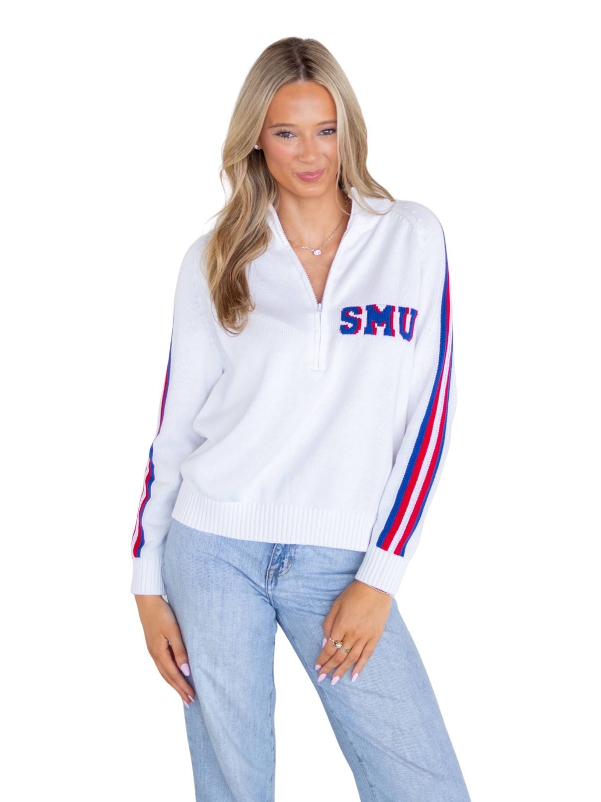 SMU Half Zip Pony Back Sweater – White