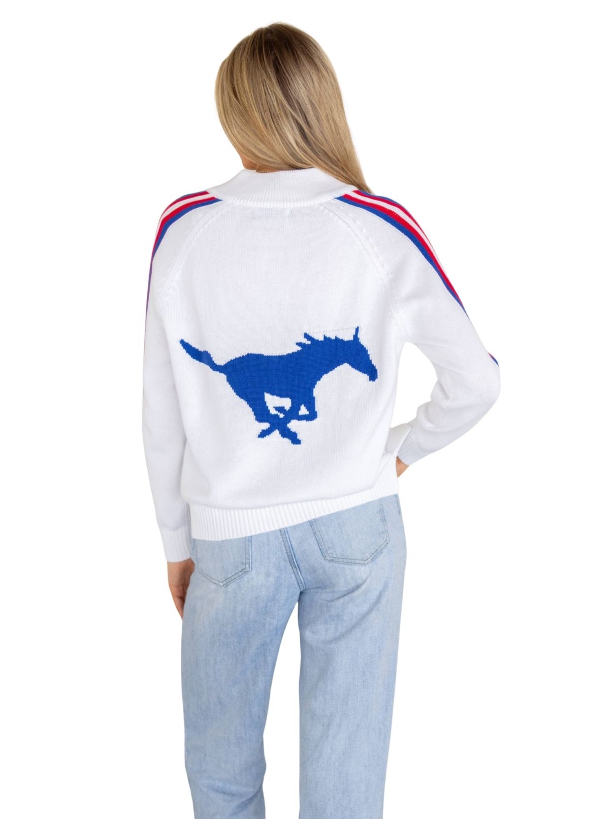 SMU Half Zip Pony Back Sweater – White