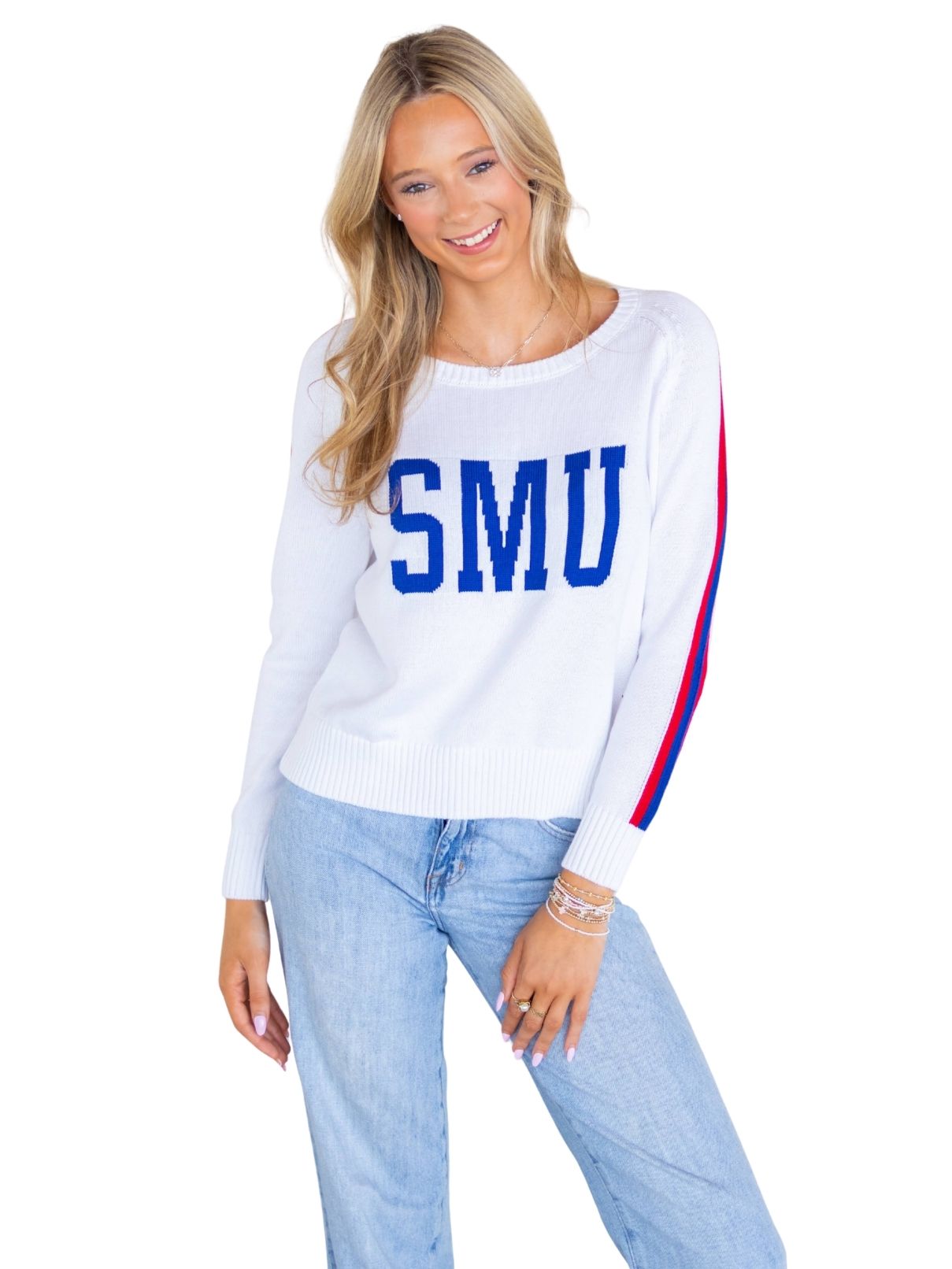 SMU Raglan Stripe Sleeve Sweater – White