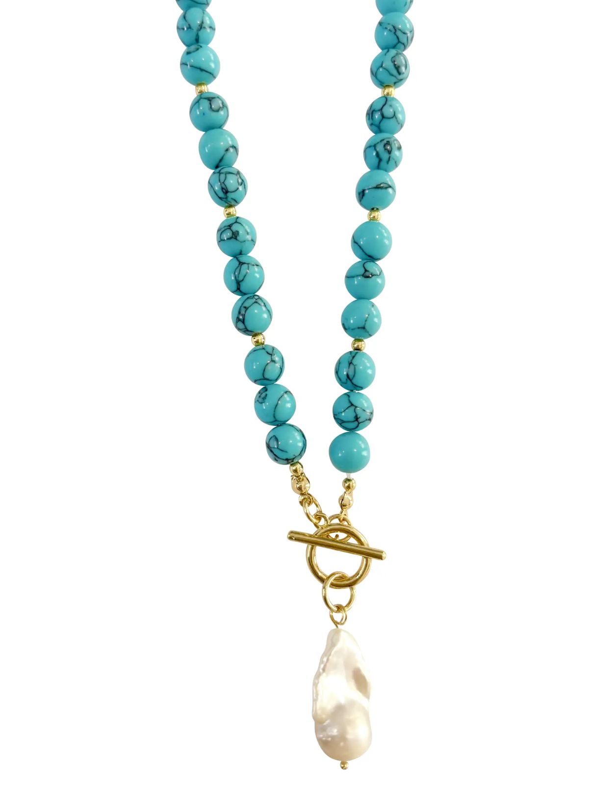 Sandy Beaded Necklace with Pearl Accent in Turquoise
