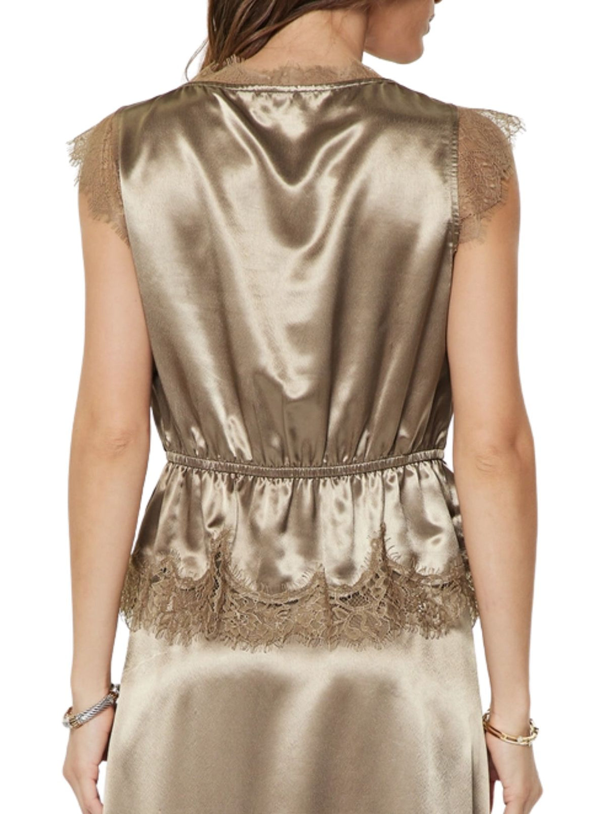 Satin Lace Sleeveless Peplum Top in Ash Brown