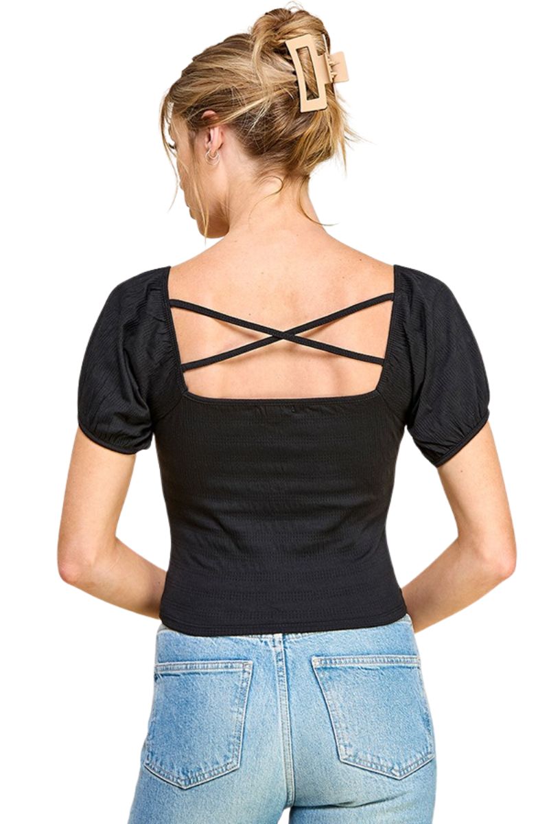 Smocked Tie Front Top in Black