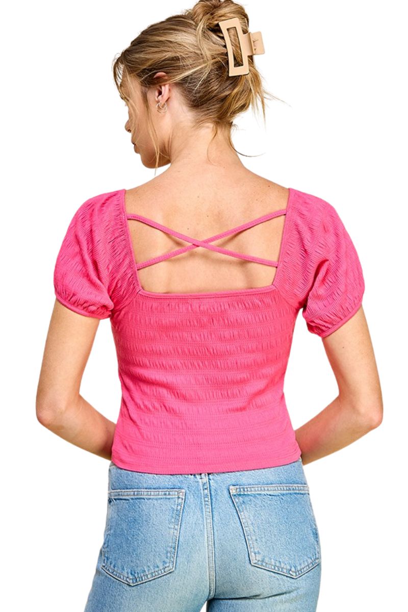 Smocked Tie Front Top in Candy Pink