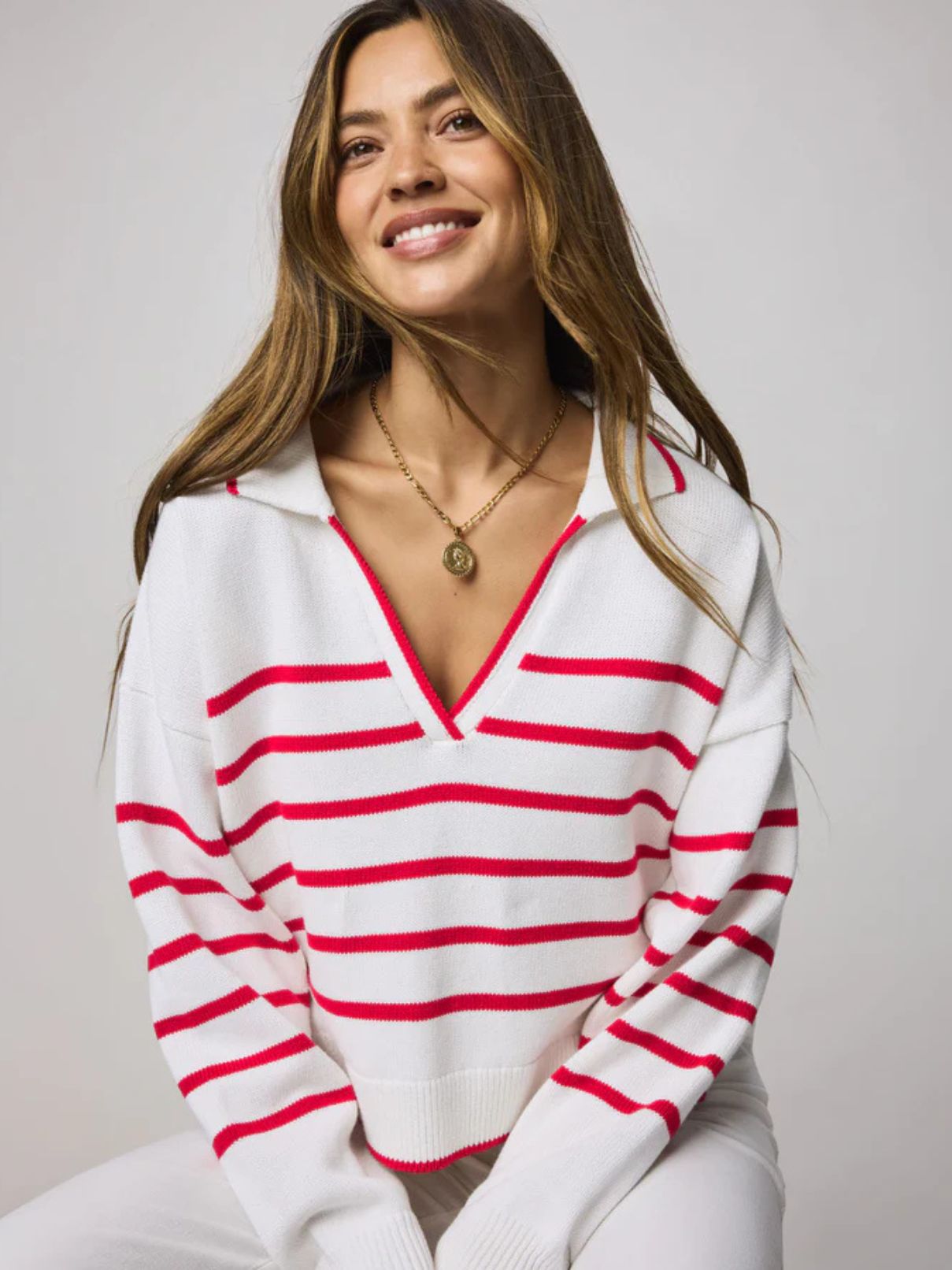 Splendid Arden Stripe Sweater in White/Rouge/Navy