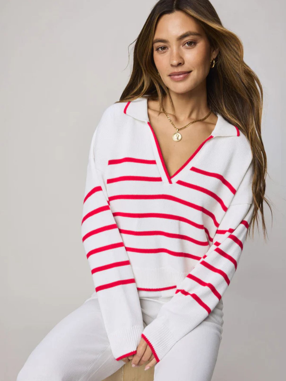 Splendid Arden Stripe Sweater in White/Rouge/Navy