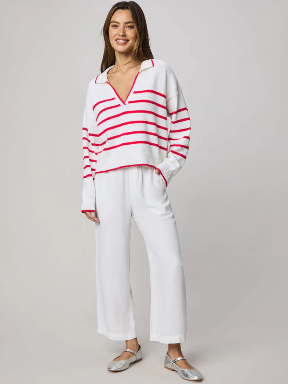 Splendid Arden Stripe Sweater in White/Rouge/Navy