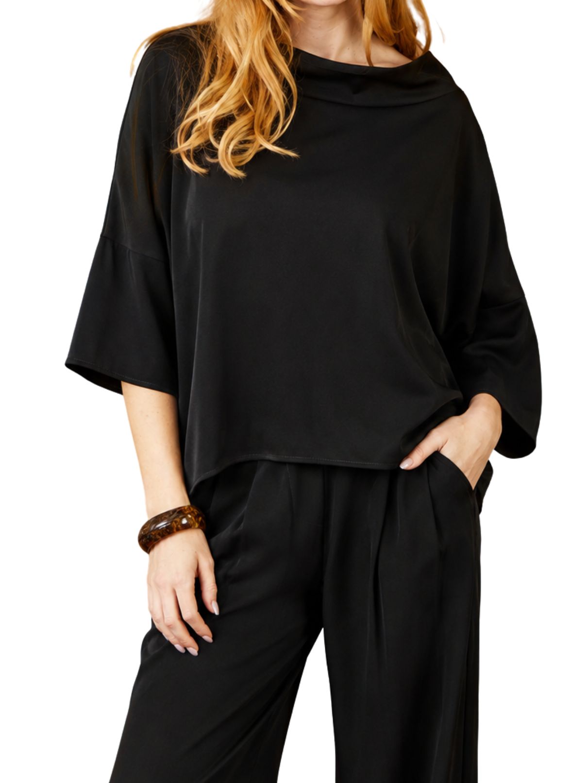 Suzy D London Audrey Cowl Neck Hi-Lo Drape Top – Black