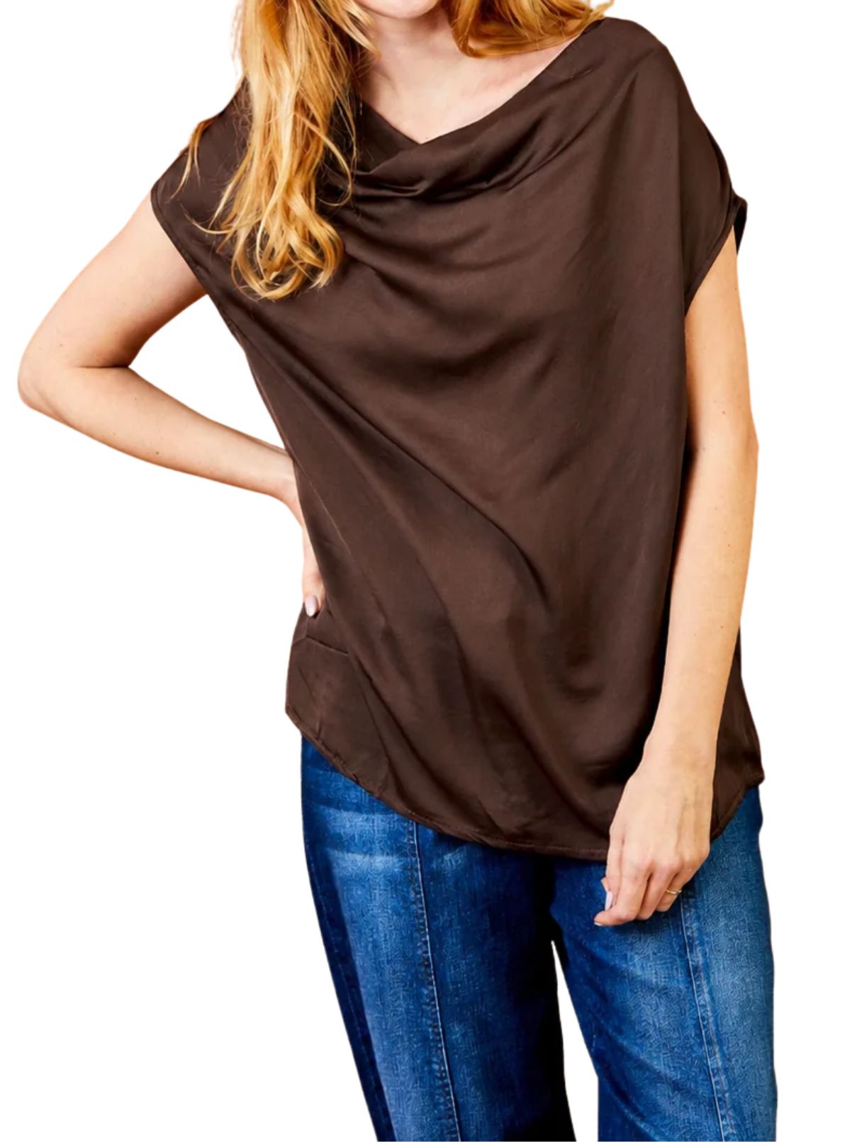 Suzy D London Galilee Stretch Satin Drape Front Sleeveless Top – Brown