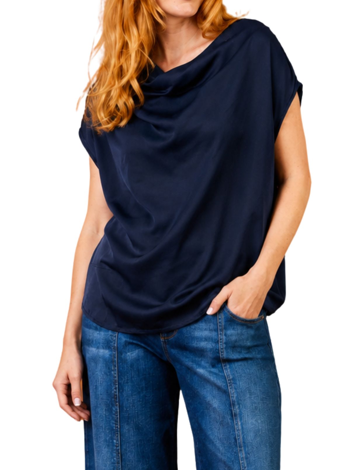 Suzy D London Galilee Stretch Satin Drape Front Sleeveless Top – Navy Blue