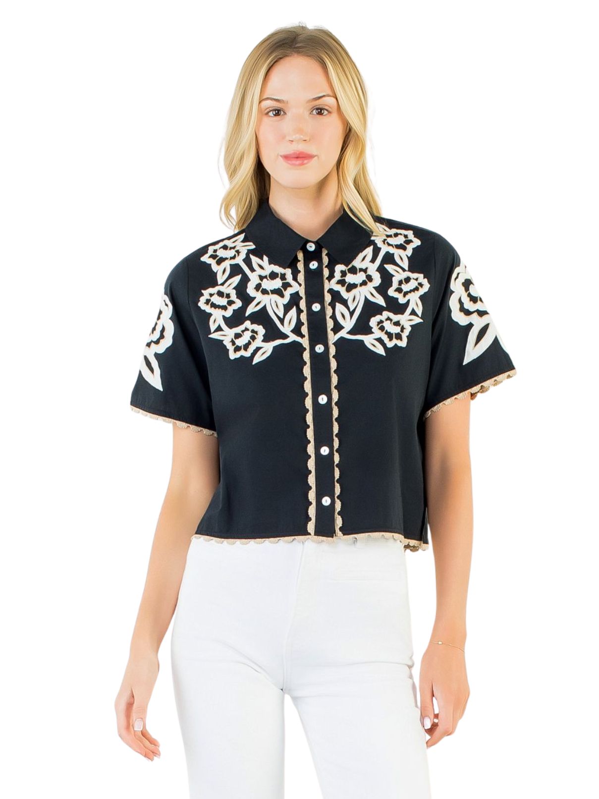 THML Collared Button Up Embroidery Top – Black