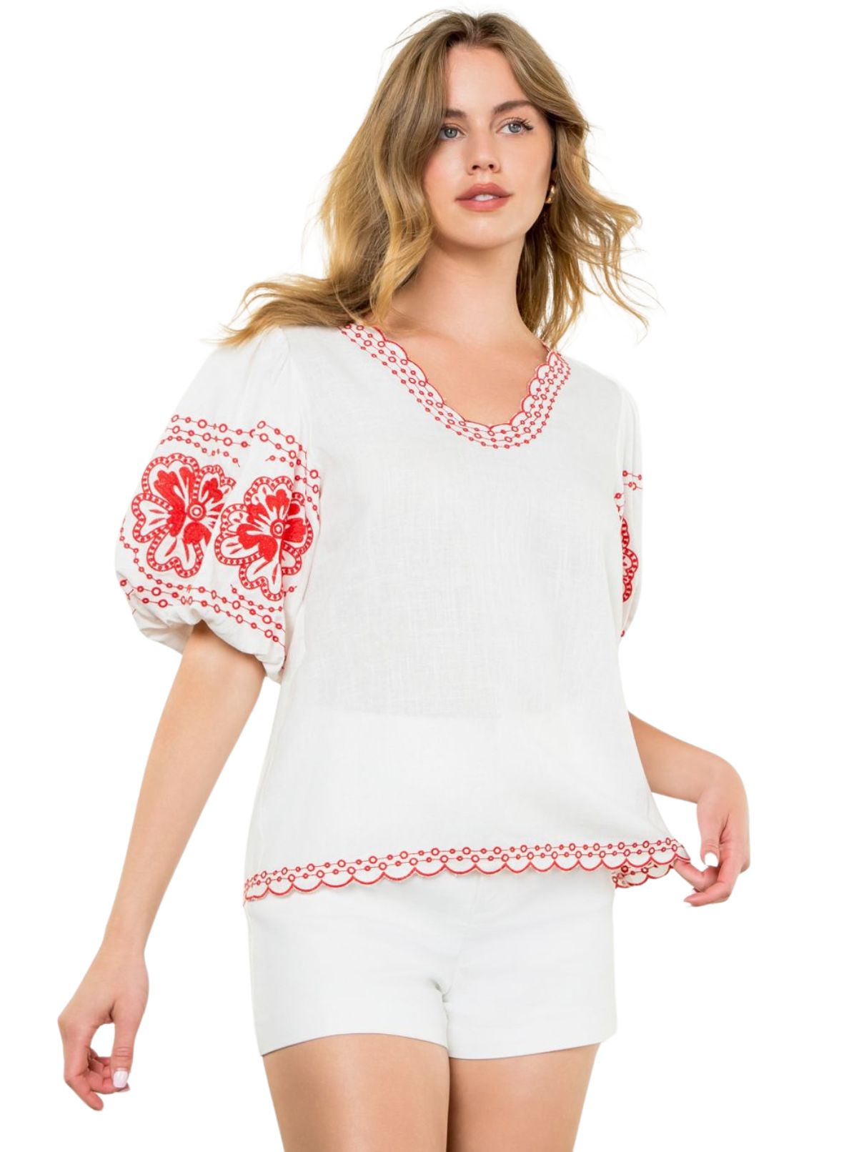 THML Embroidered Puff Sleeve Top in Cream