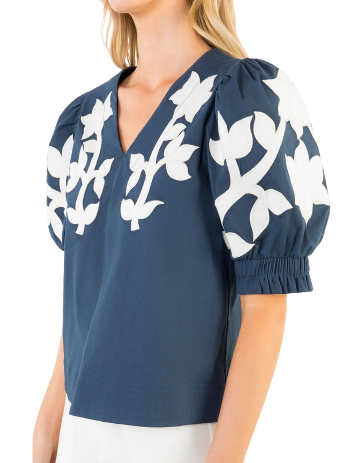 THML Embroidered Puff Sleeve Top in Navy