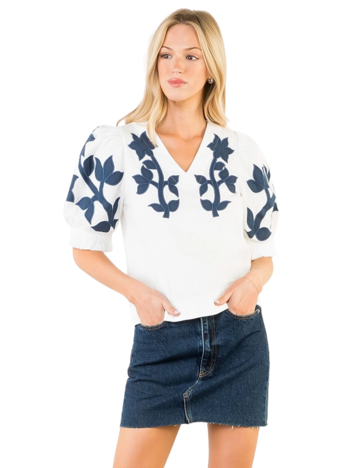 THML Embroidered Puff Sleeve Top in White