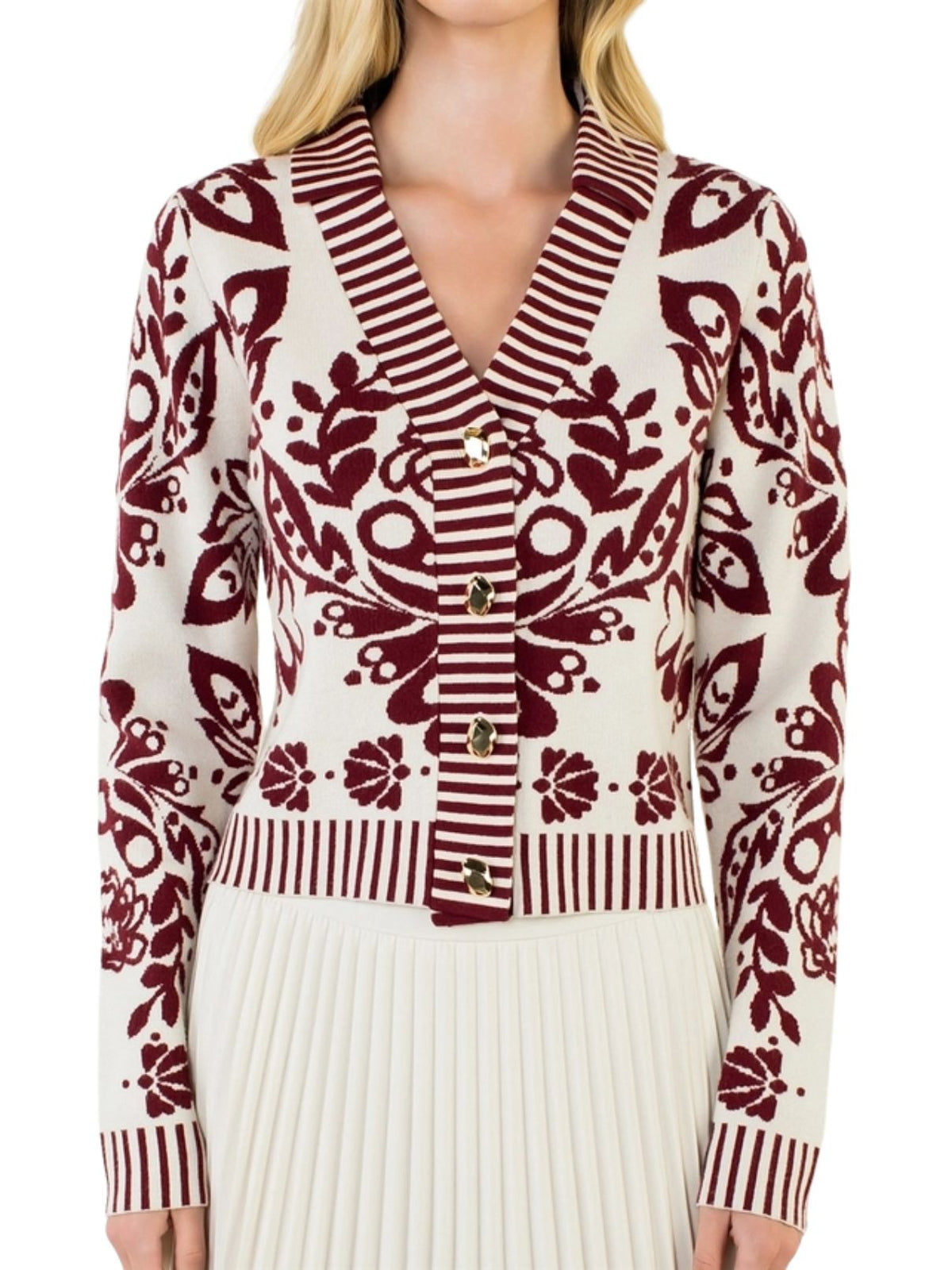 Floral Cardigan with Gold Buttons – Burgundy