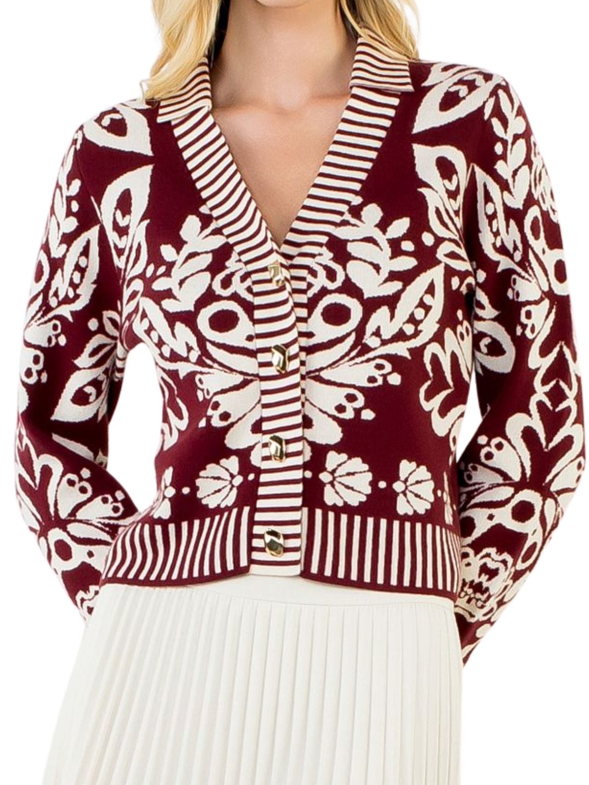 THML Floral Cardigan with Gold Buttons – Burgundy