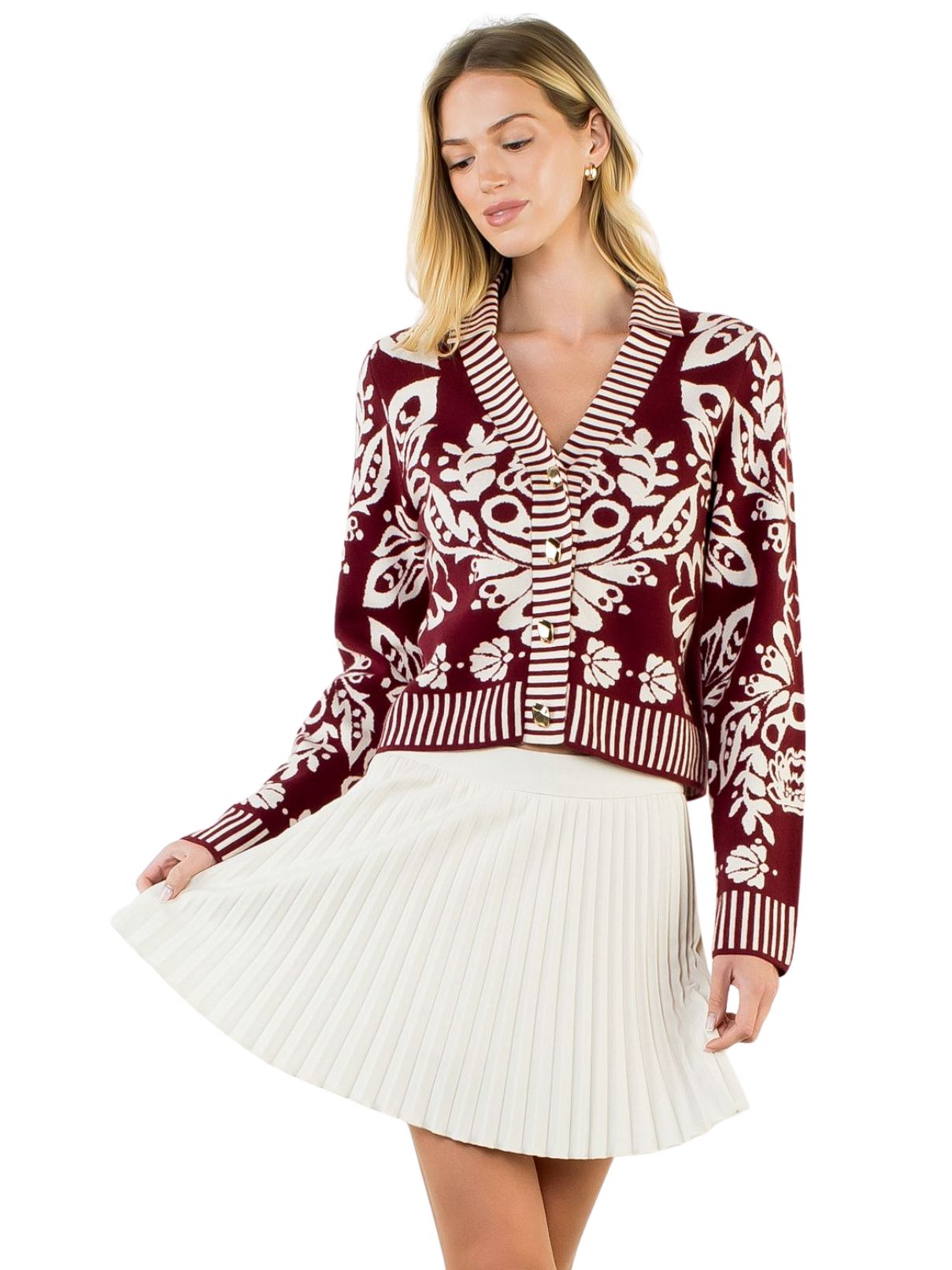 THML Floral Cardigan with Gold Buttons – Burgundy
