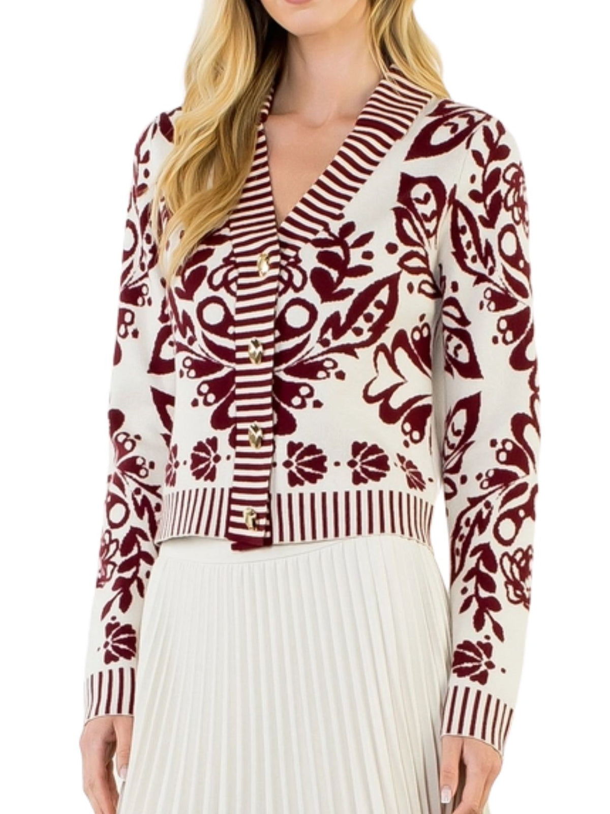 Floral Cardigan with Gold Buttons – Burgundy