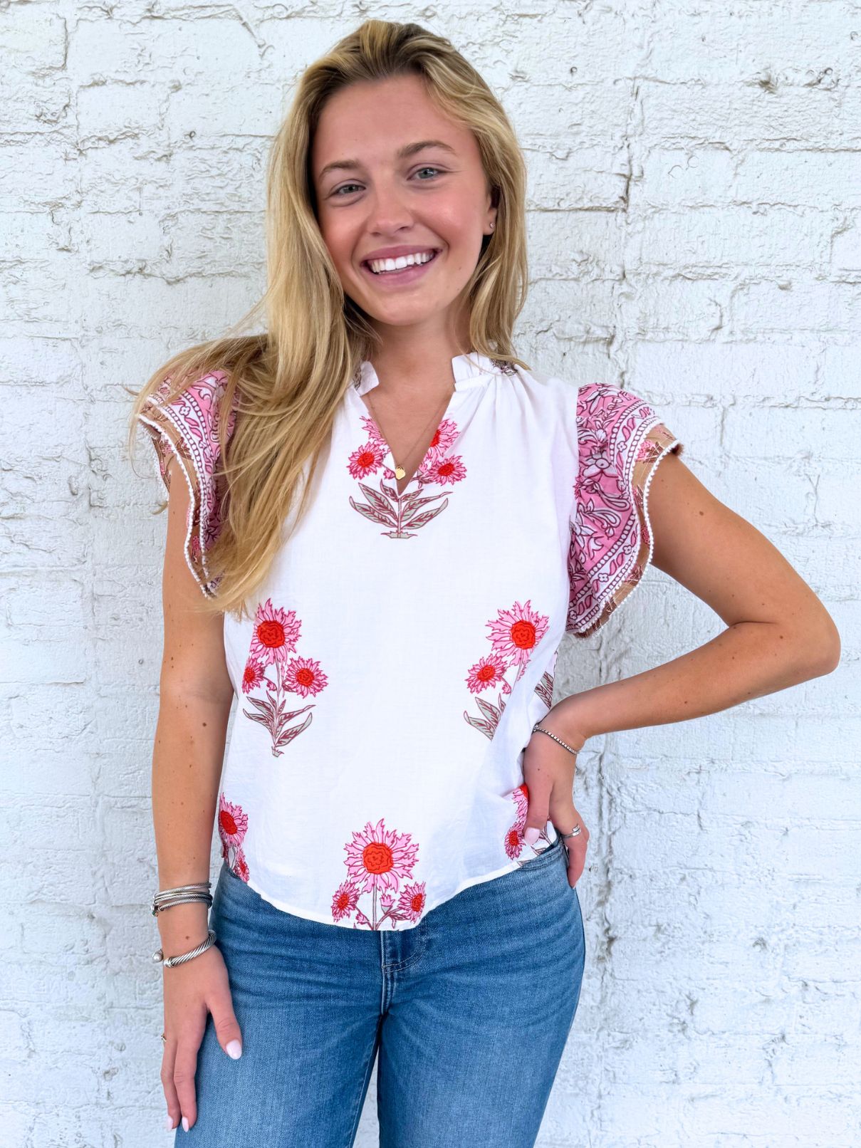 THML Flutter Sleeve Floral Top in Pink