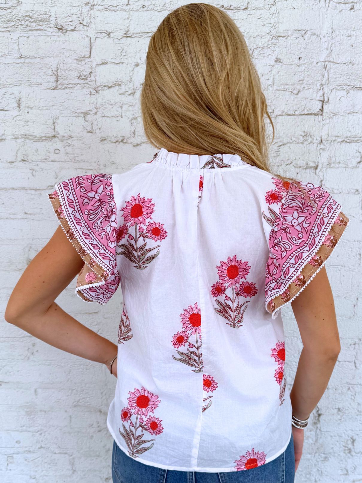 THML Flutter Sleeve Floral Top in Pink