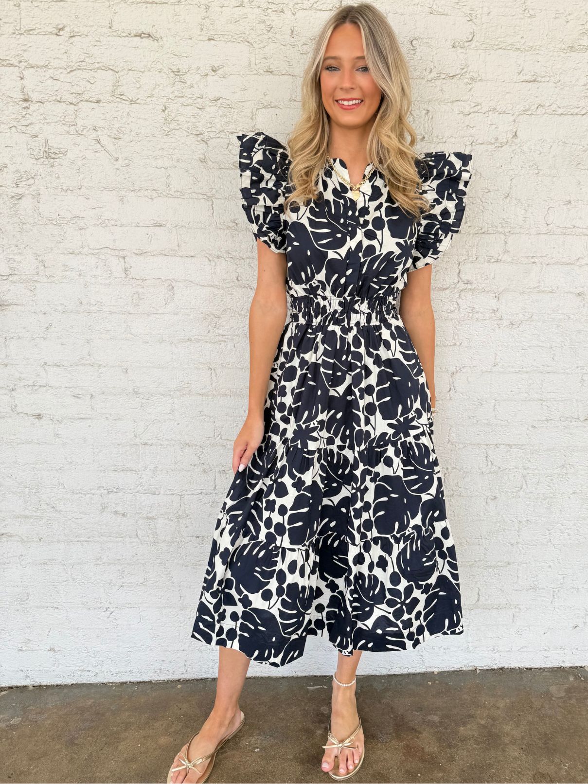 THML Flutter Sleeve Midi Dress in Navy and White