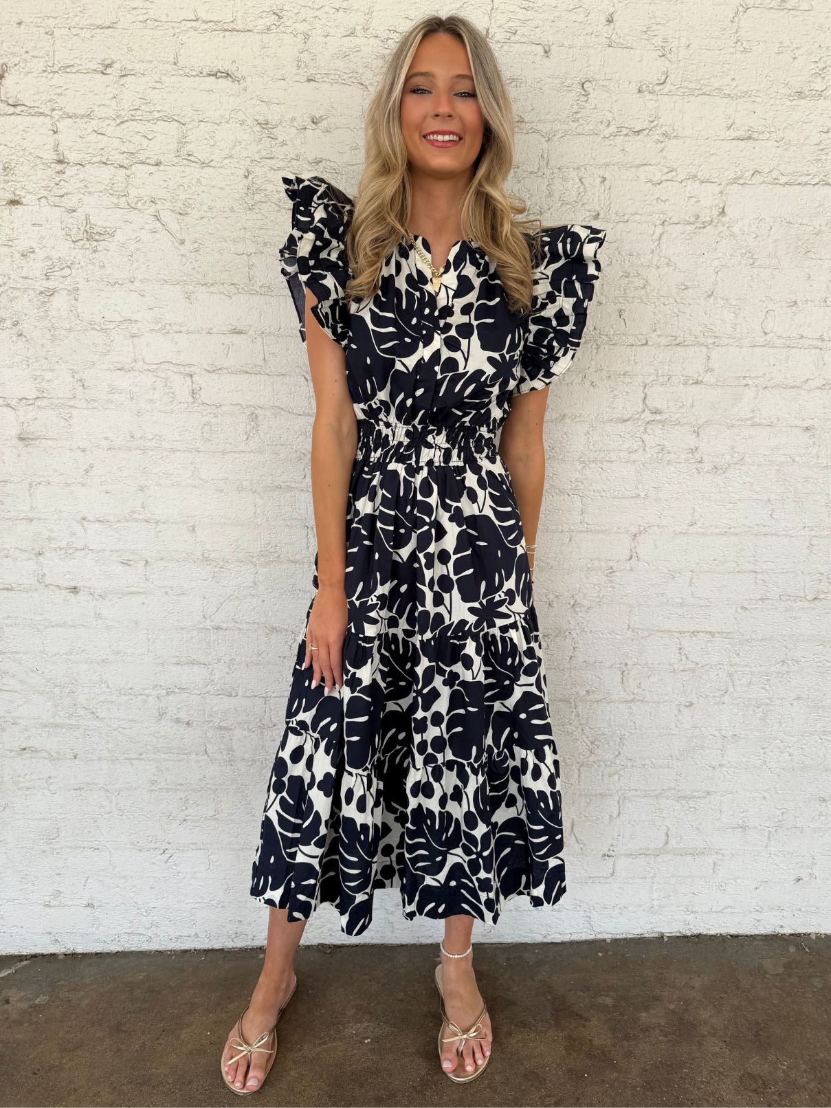 THML Flutter Sleeve Midi Dress in Navy and White
