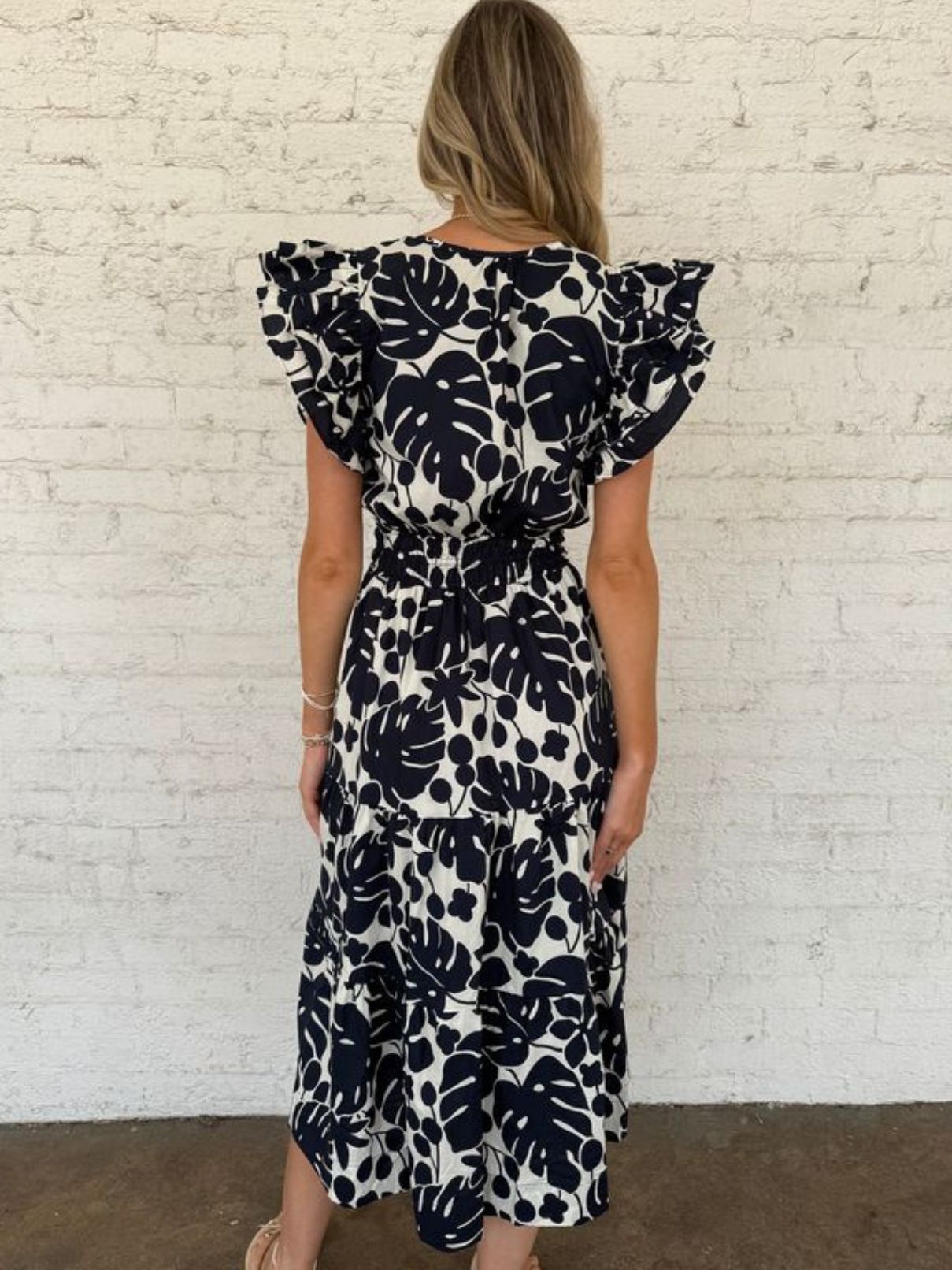 THML Flutter Sleeve Midi Dress in Navy and White