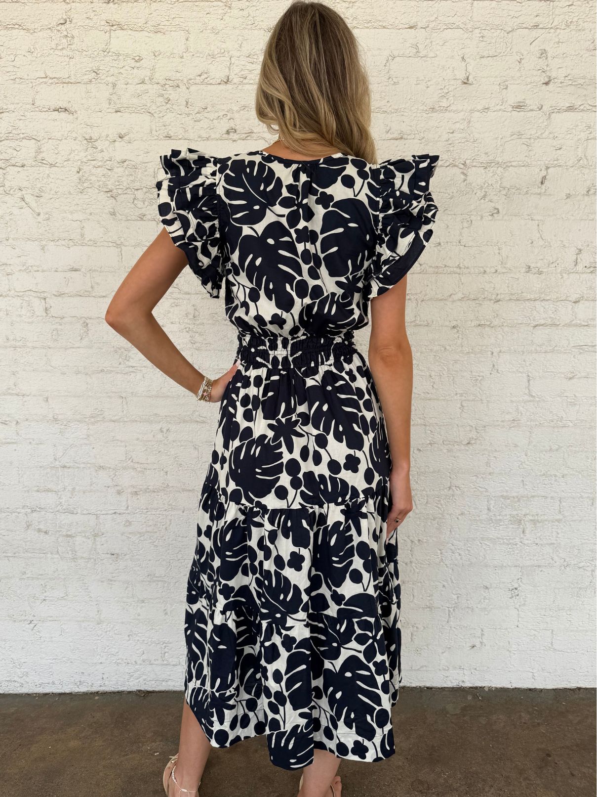 THML Flutter Sleeve Midi Dress in Navy and White