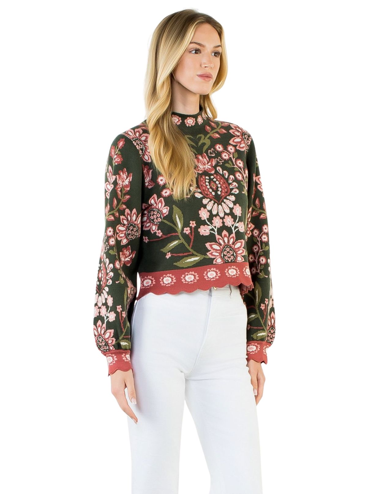 THML High Neck Long Sleeve Floral Sweater – Olive