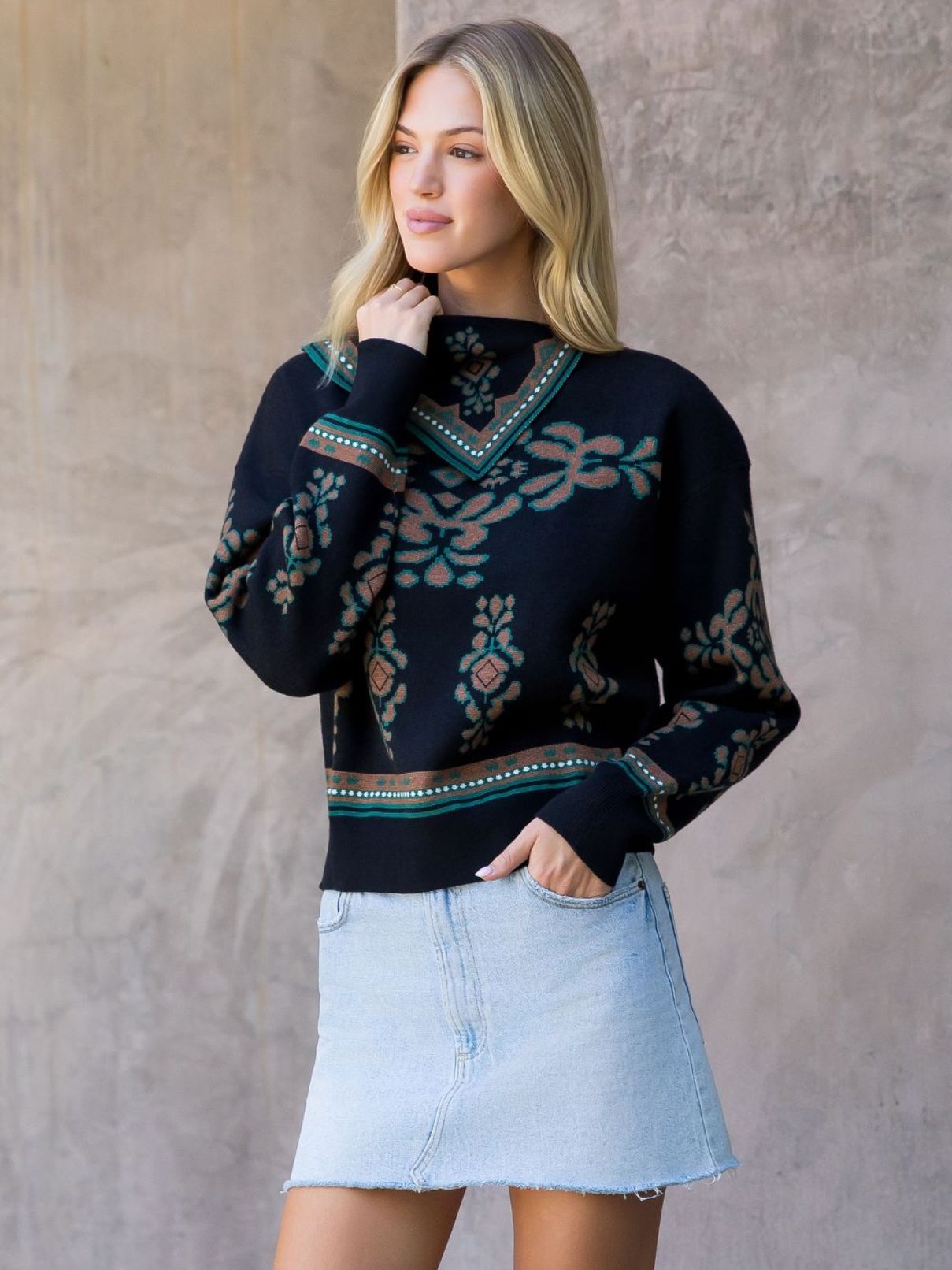 THML L/S Print Sweater in Black