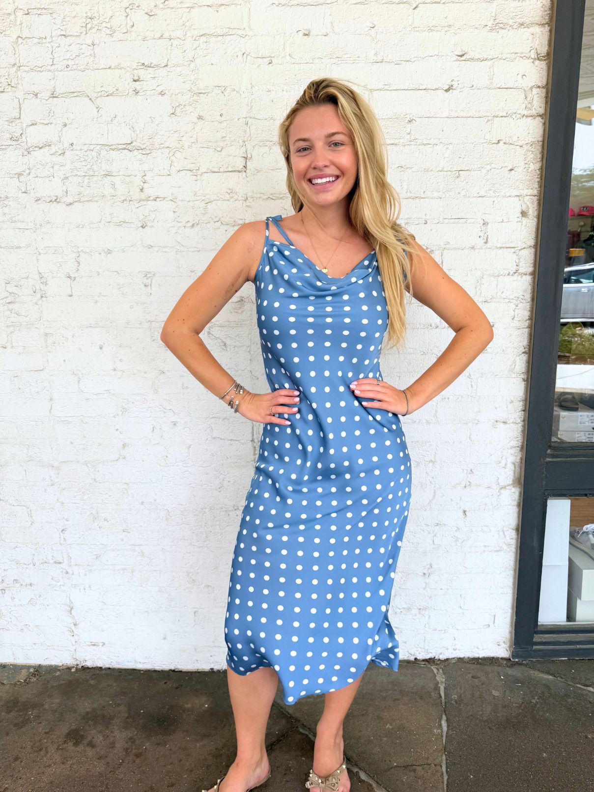 THML Polka Dot Midi Dress with Tie Straps in Blue THML Polka Dot Midi Dress with Tie Straps in Blue