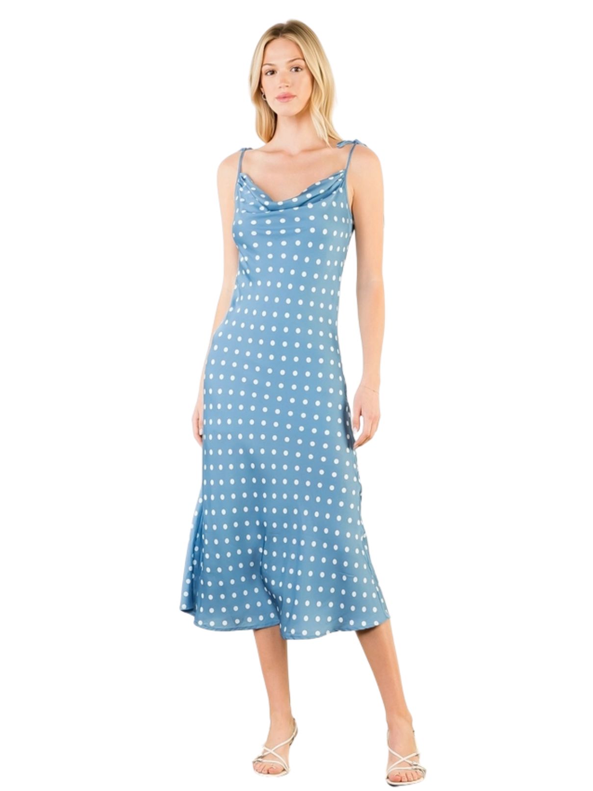 THML Polka Dot Midi Dress with Tie Straps in Blue