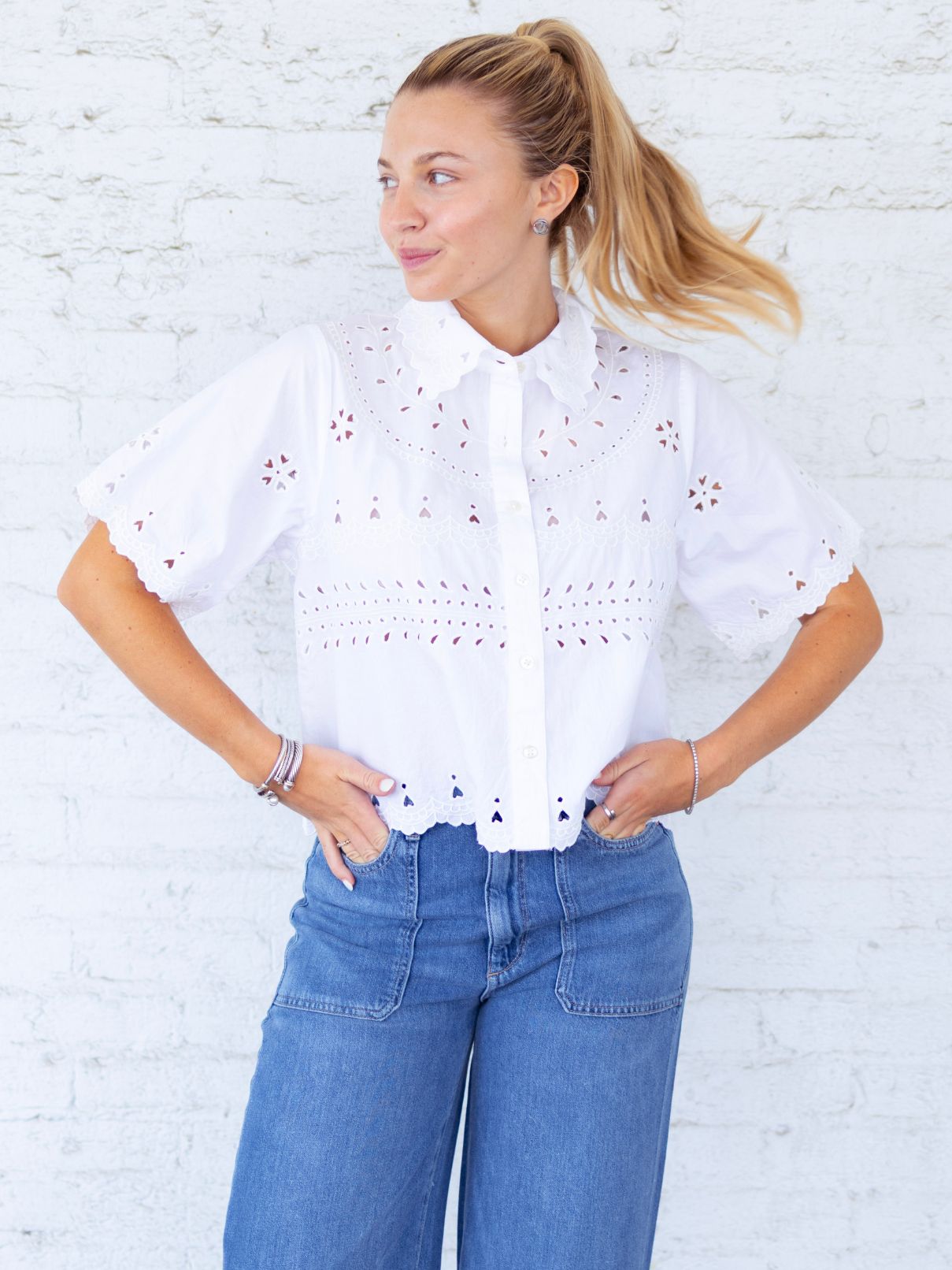 THML Puff Sleeve Embroidered Top in White - White / L THML Puff Sleeve Embroidered Top in White - White / L