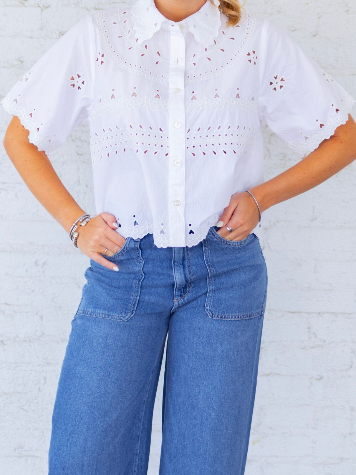 THML Puff Sleeve Embroidered Top in White