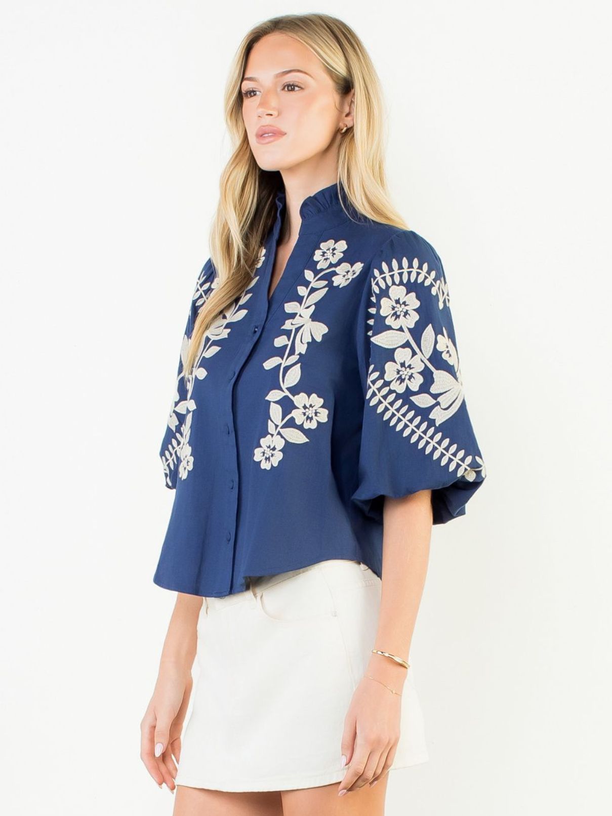 THML Puff Sleeve Floral Embroidered Top in Navy