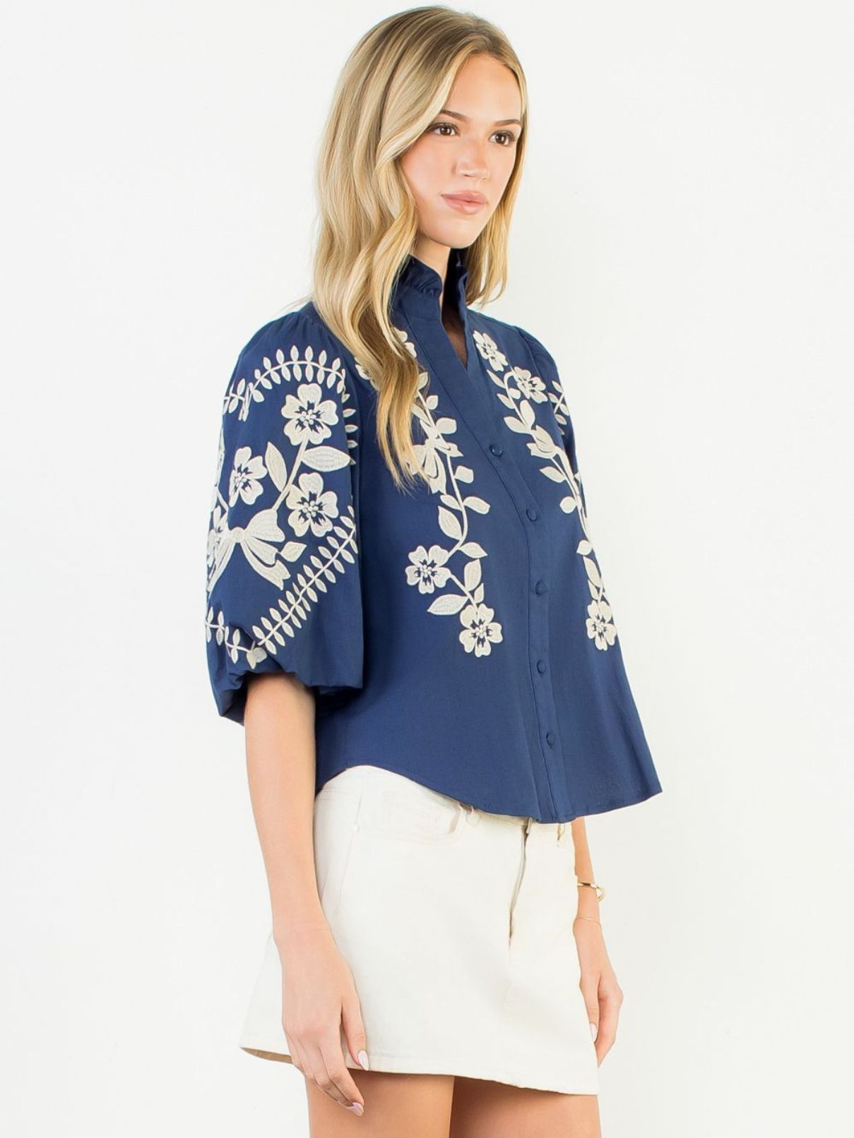 THML Puff Sleeve Floral Embroidered Top in Navy