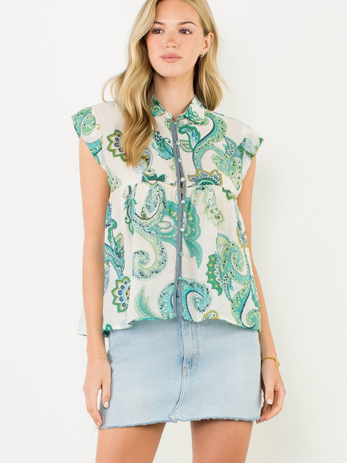 THML S/S Paisley Top in Green