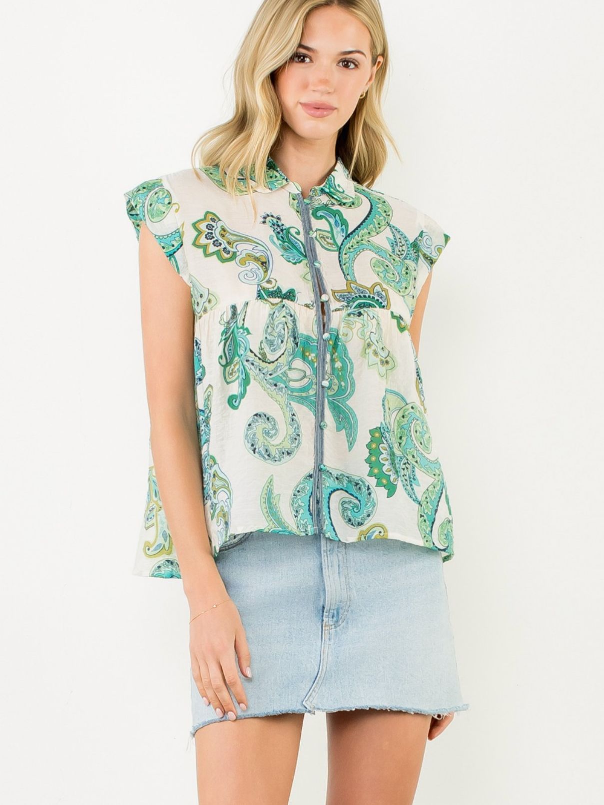 THML S/S Paisley Top in Green