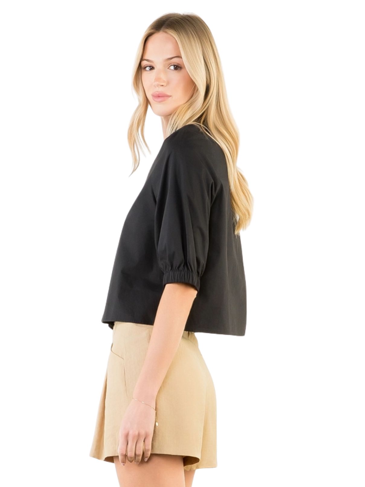 THML Short Sleeve Button Up V-Neck Top in Black