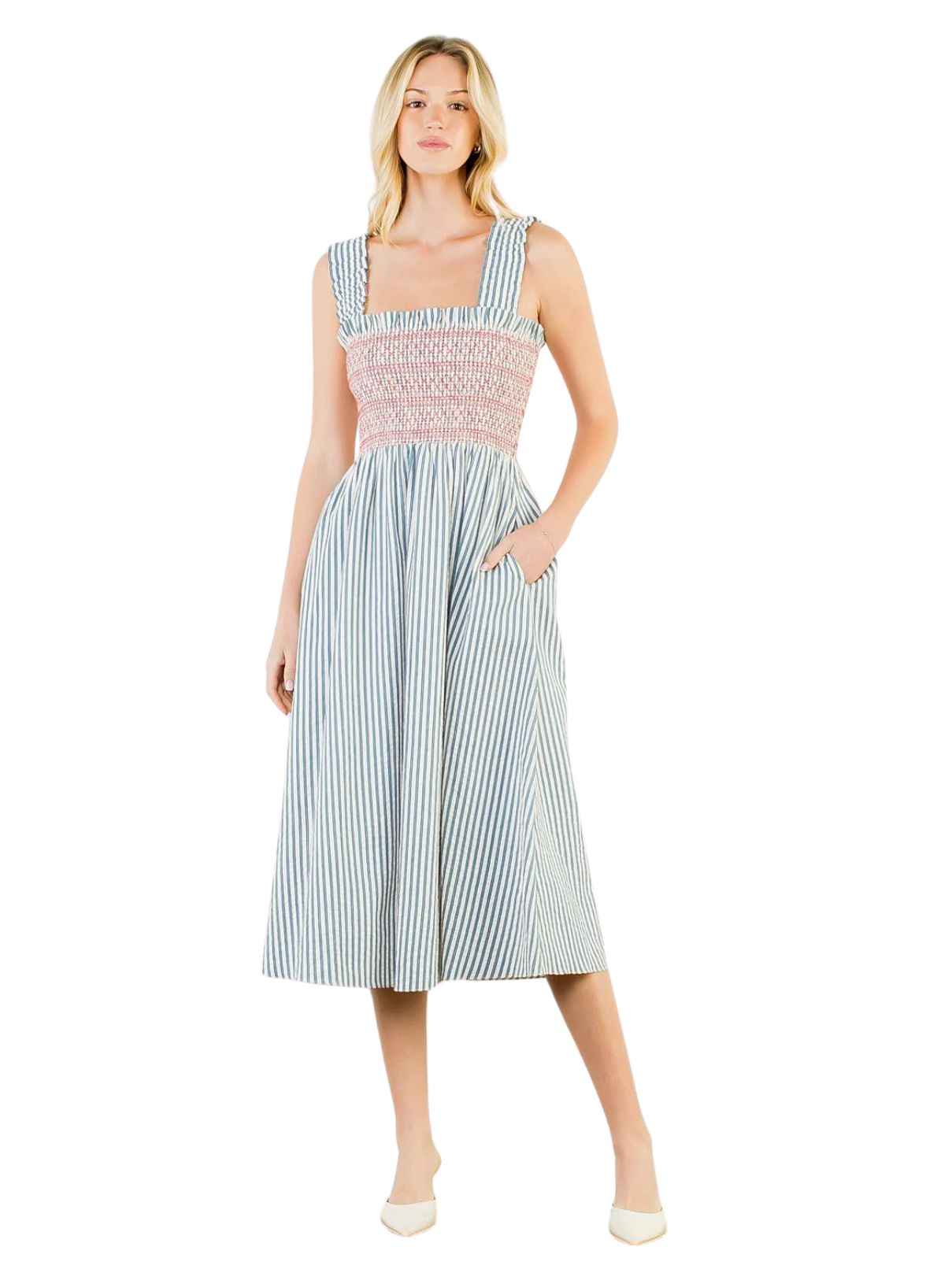 THML Strapped Stripe Dress in Red & Blue