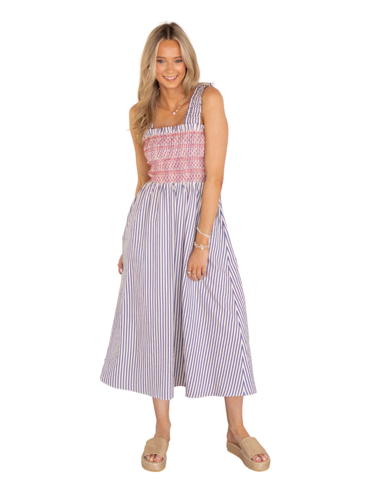 THML Strapped Stripe Dress in Red & Blue
