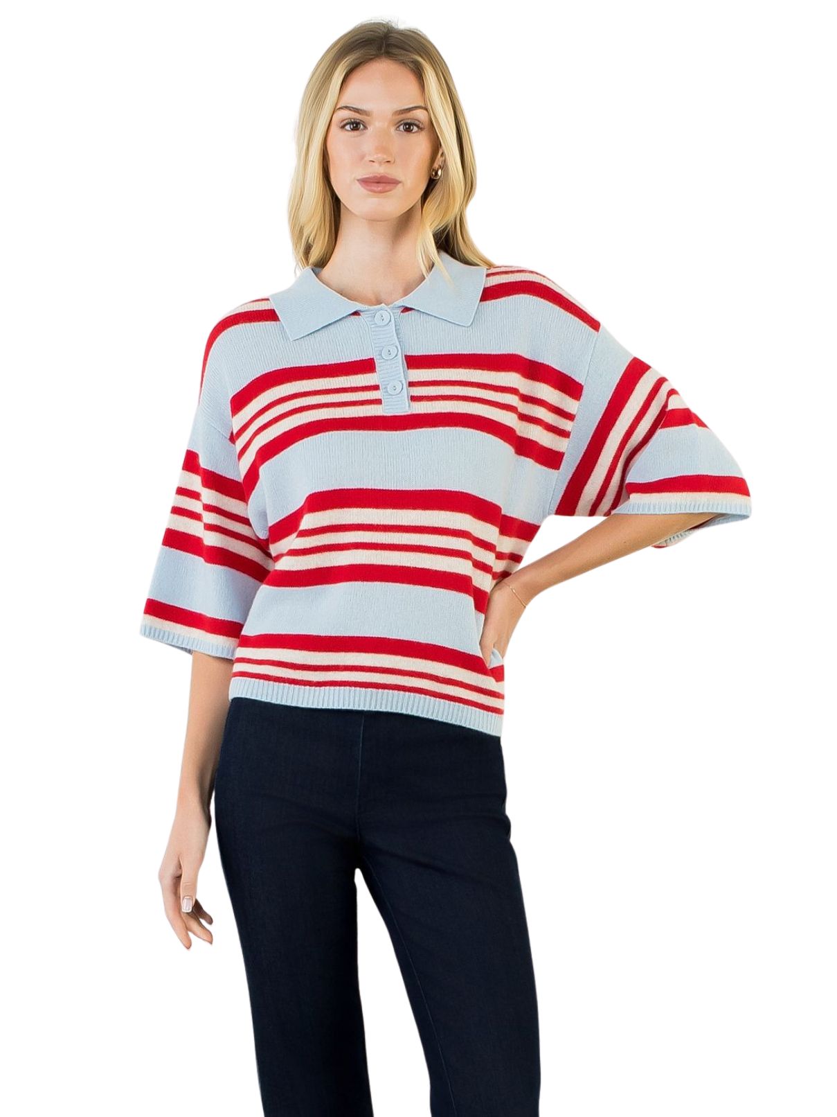 THML Striped Collared Sweater Top – Blue & Red